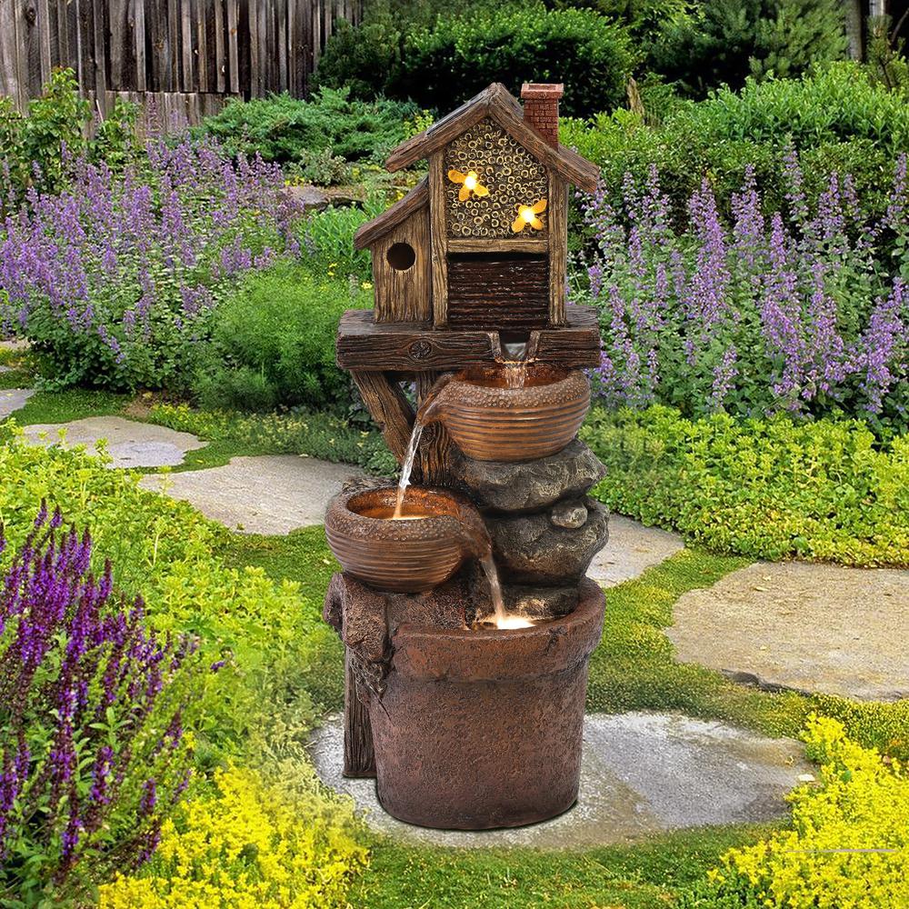 29.1" H Bowls and Birdhouse Resin Outdoor Fountain with LED Lights. Picture 4