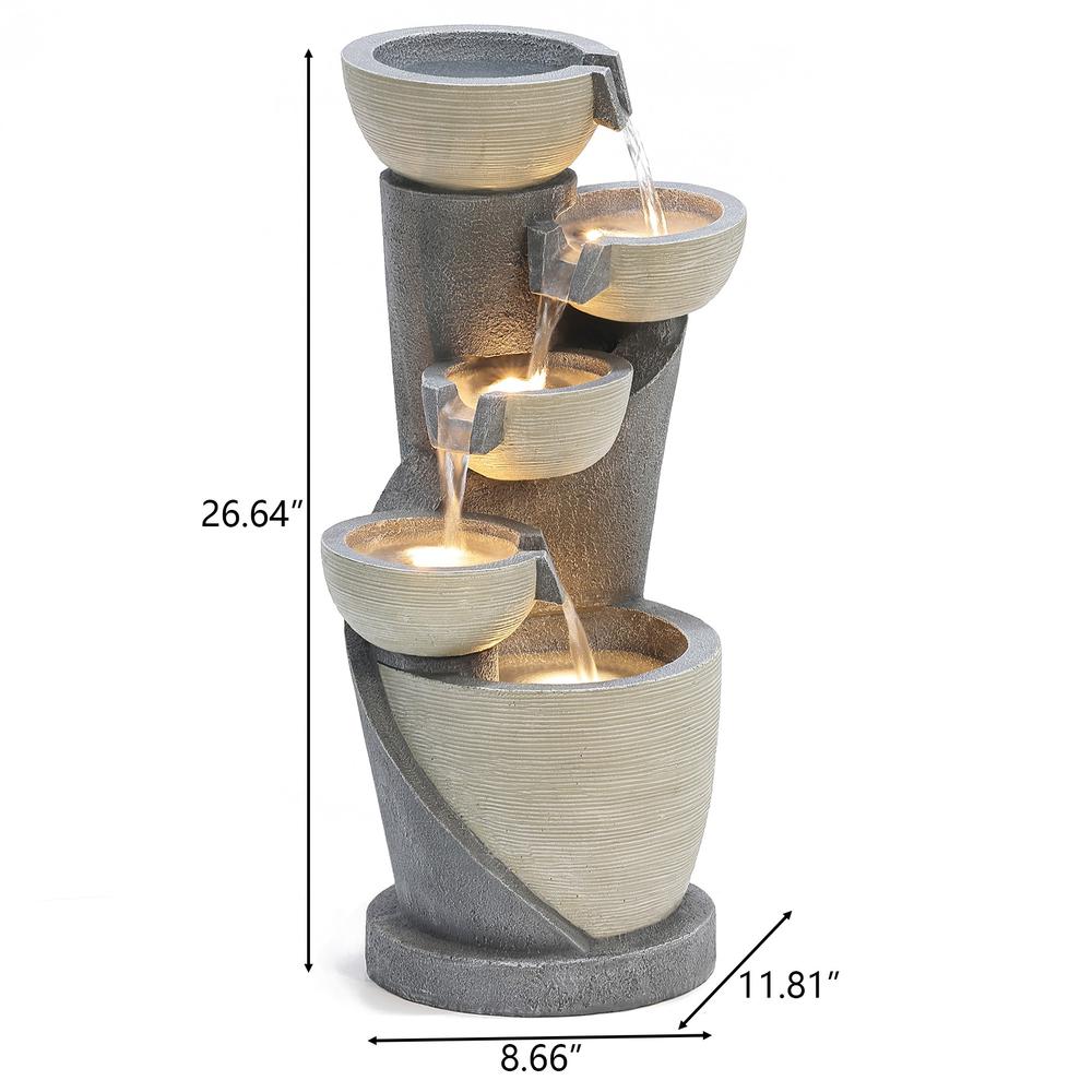 Gray Cascading Bowls and Column Resin Outdoor Fountain with LED Lights. Picture 12