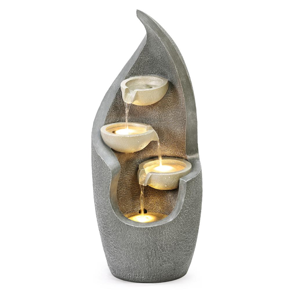 Gray Curves Cascading Bowls Resin Outdoor Fountain with LED Lights. Picture 1