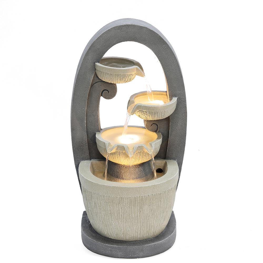Gray Oval Cascading Bowls Resin Outdoor Fountain with LED Lights. Picture 1