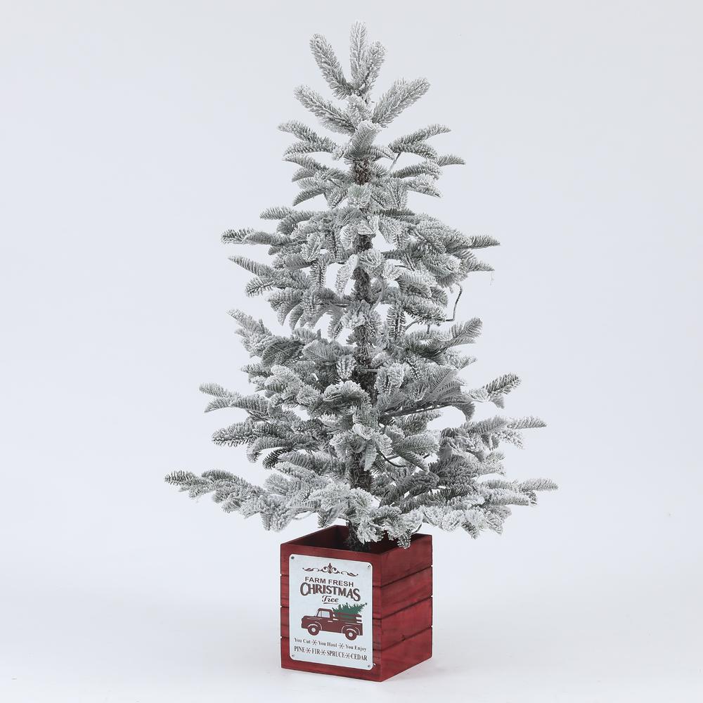 Pre-Lit Clear LED 4ft Porch Artificial Flocked Christmas Tree with Red Wood Base. Picture 1