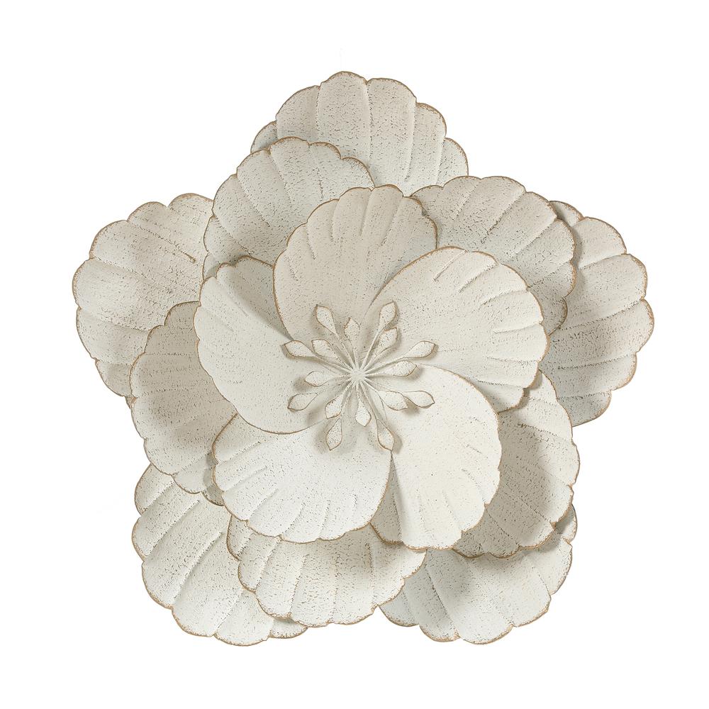 Distressed White Metal Flower Wall Decor. Picture 1