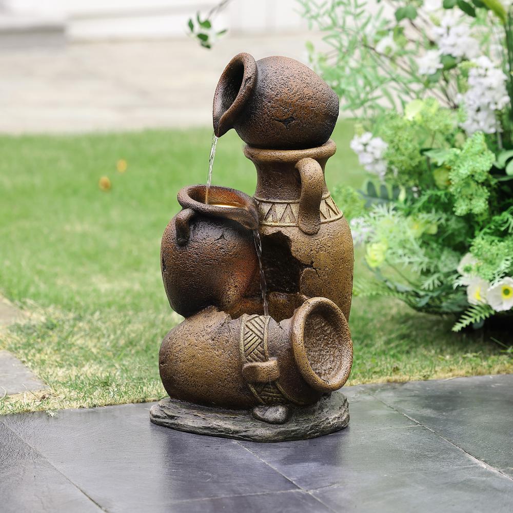 Brown Urns Resin Outdoor Fountain with LED Lights. Picture 5