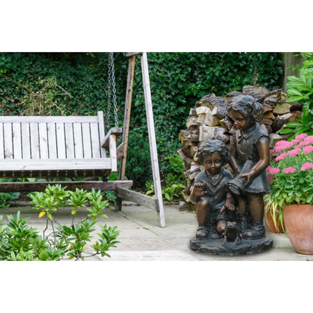 Bronze MgO Boy and Girl Garden Statue with Solar Light. Picture 2