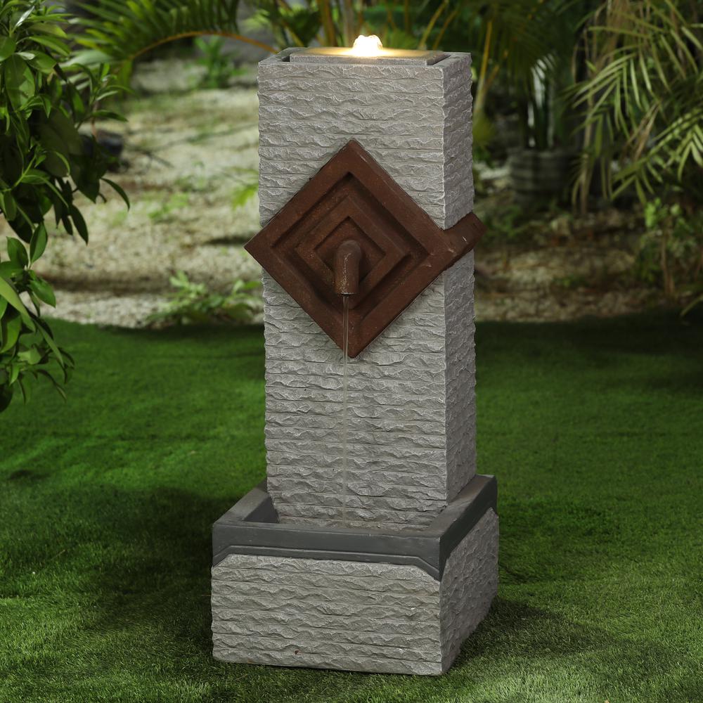 Resin Modern Textured Pedestal Lighted Outdoor Fountain. Picture 2