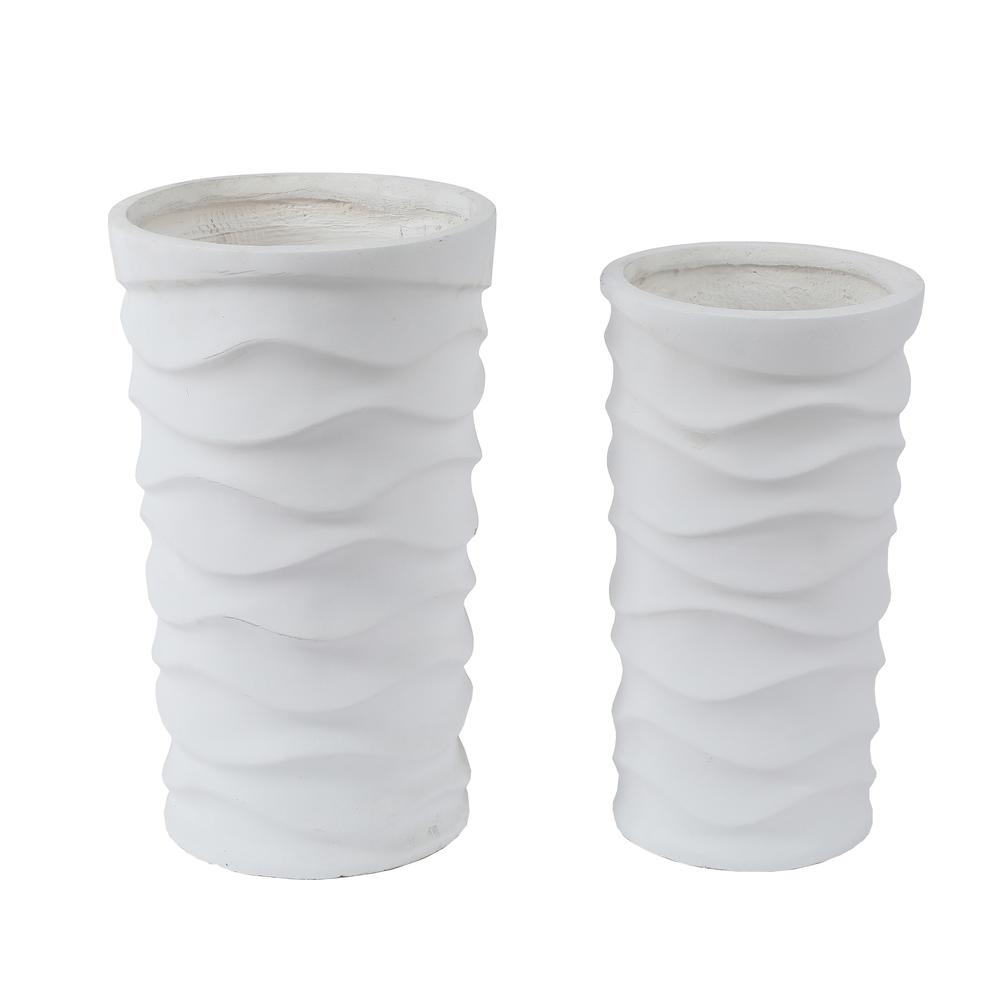 2-Piece White Finish Tall Wavy MgO Planters. Picture 1