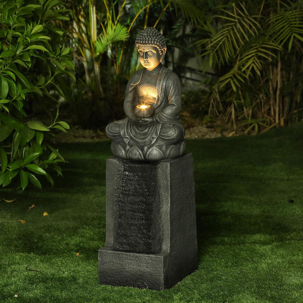 Polyresin Meditating Buddha on Column Patio Fountain with LED Lights. Picture 2