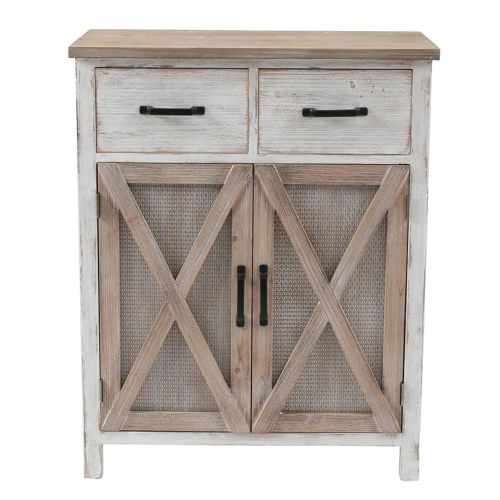 Farmhouse White and Natural Wood 2-Drawer 2-Door Storage Cabinet. Picture 1