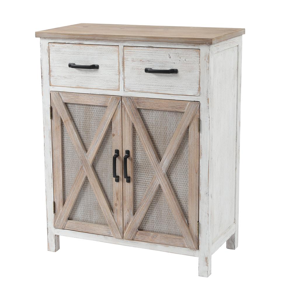 Farmhouse White and Natural Wood 2-Drawer 2-Door Storage Cabinet. Picture 5