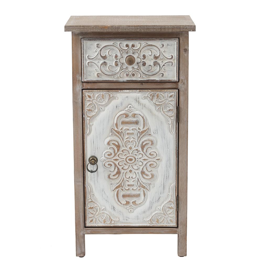 Floral Carved Wood 1-Door 1-Drawer End Table with Storage. Picture 1