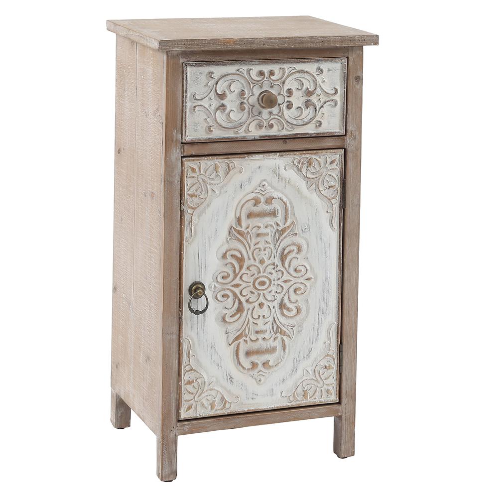 Floral Carved Wood 1-Door 1-Drawer End Table with Storage. Picture 4