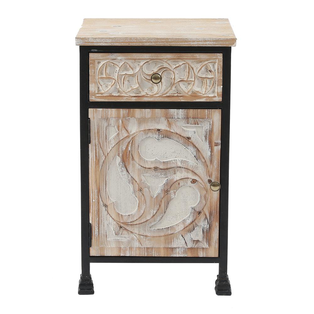 Black Metal Frame and Carved Wood 1-Door 1-Drawer End Table with Storage. Picture 1