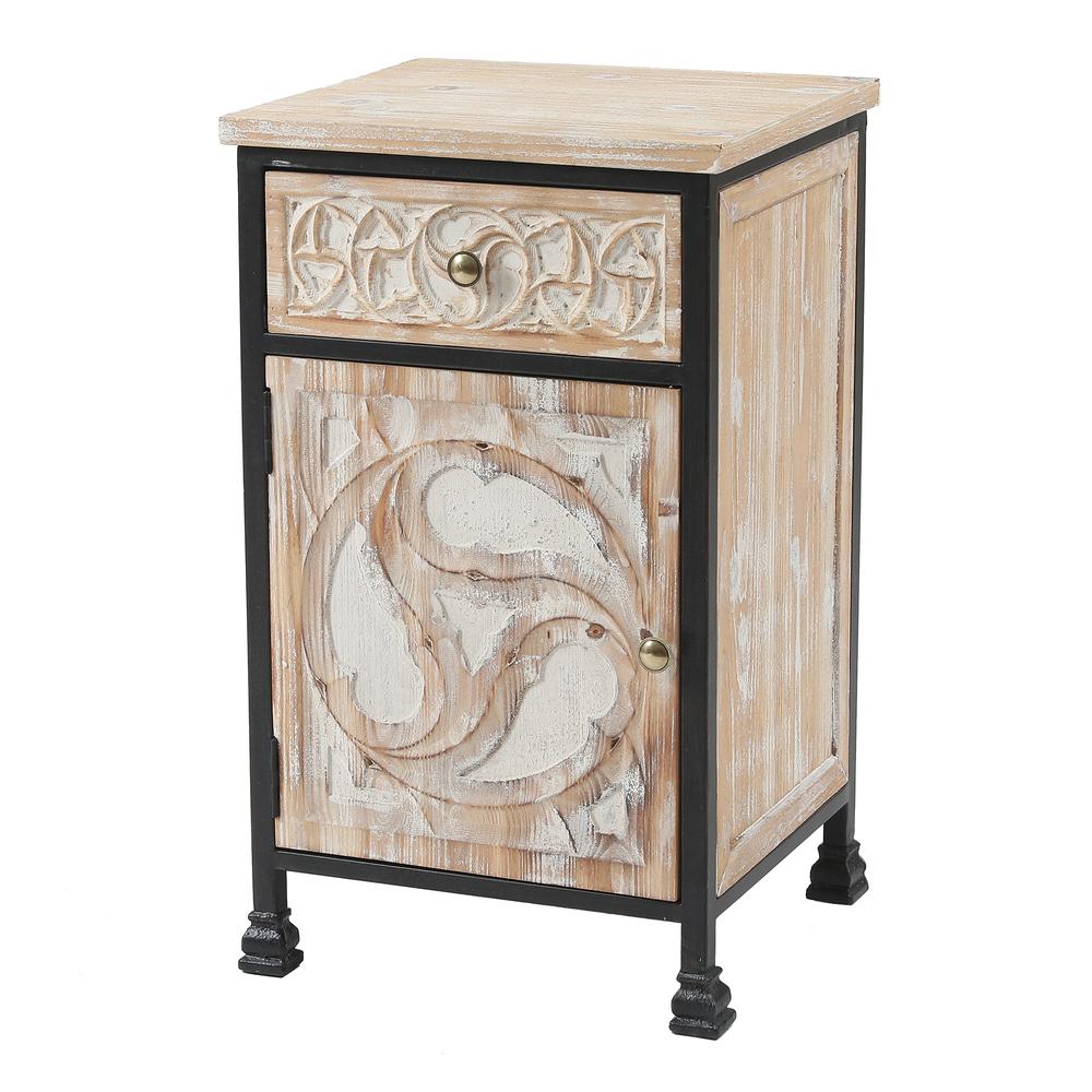 Black Metal Frame and Carved Wood 1-Door 1-Drawer End Table with Storage. Picture 7