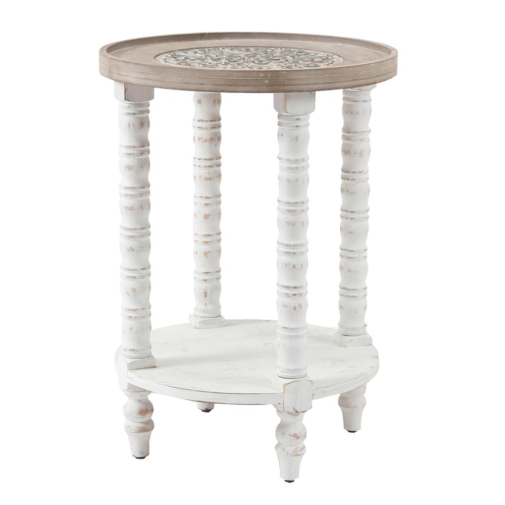 White and Natural Wood Round Accent Side Table with Storage. Picture 1