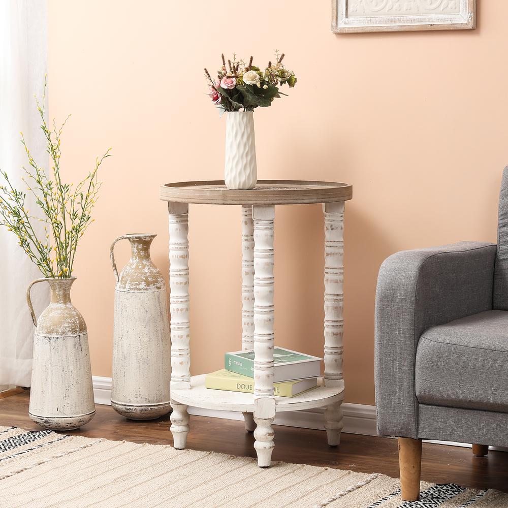 White and Natural Wood Round Accent Side Table with Storage. Picture 3