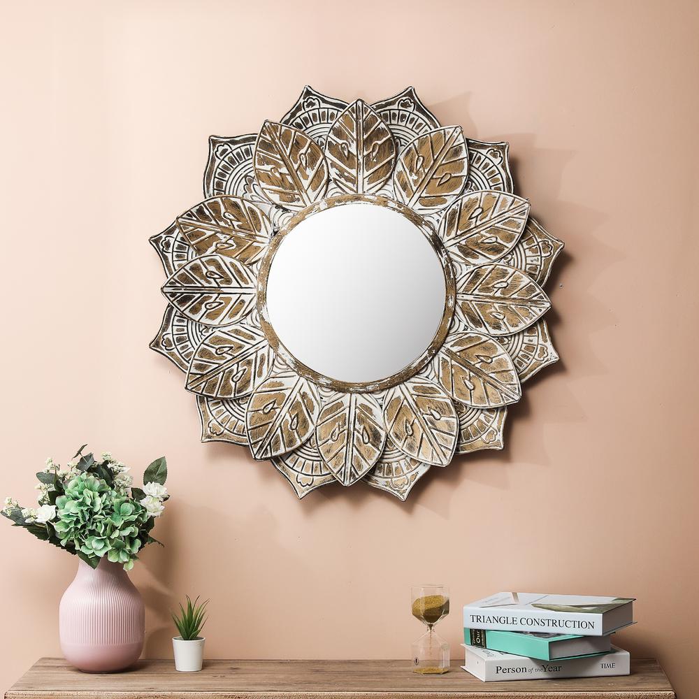 Distressed Brown and White Leaf Wreath Metal Frame Wall Mirror. Picture 3