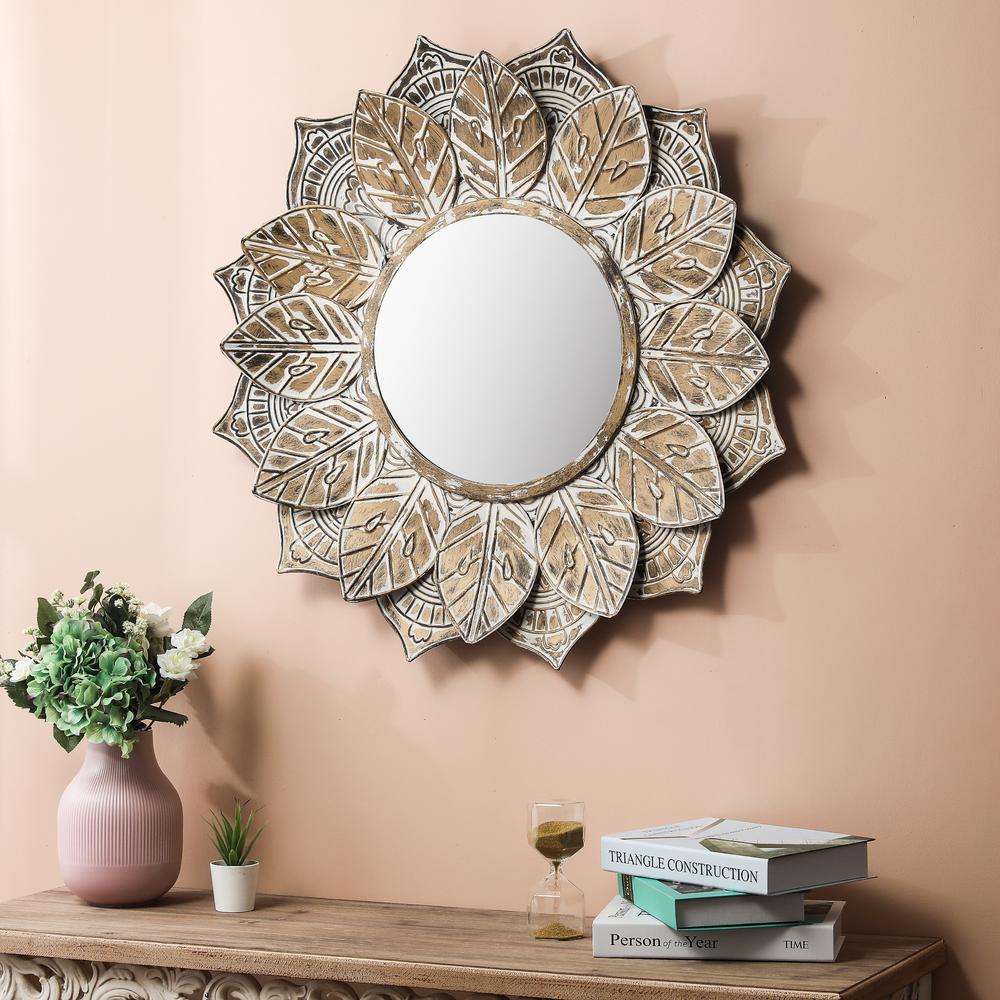 Distressed Brown and White Leaf Wreath Metal Frame Wall Mirror. Picture 7
