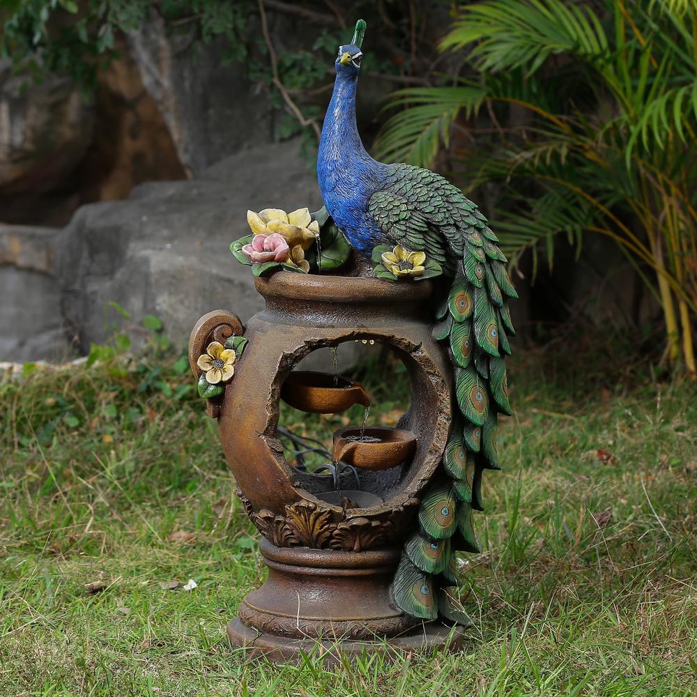 Peacock and Pot Polyresin Fountain with LED Lights. Picture 1