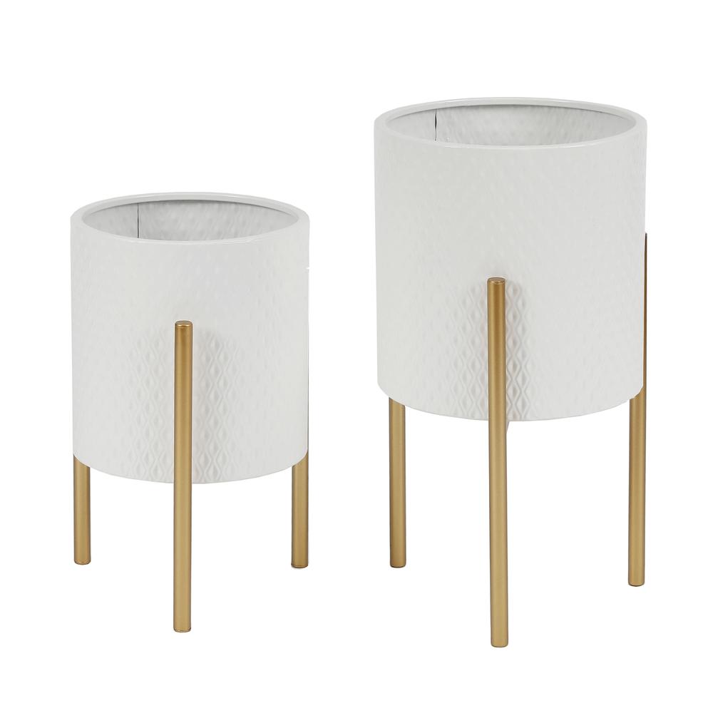 2-Piece White Round Metal Planters and Gold Stand. The main picture.