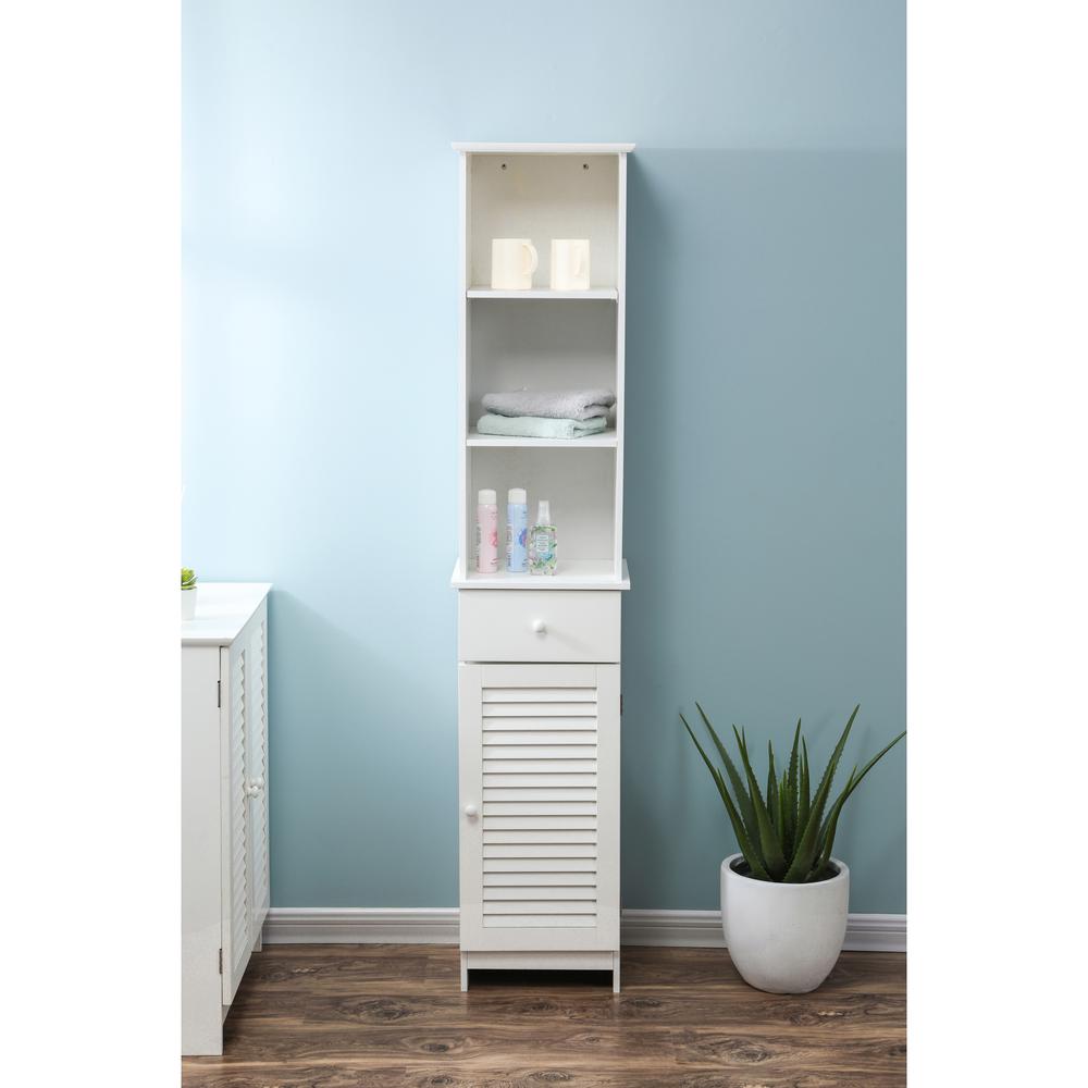 White MDF Wood 64-Inch Tall Tower Bathroom Linen Cabinet. Picture 9
