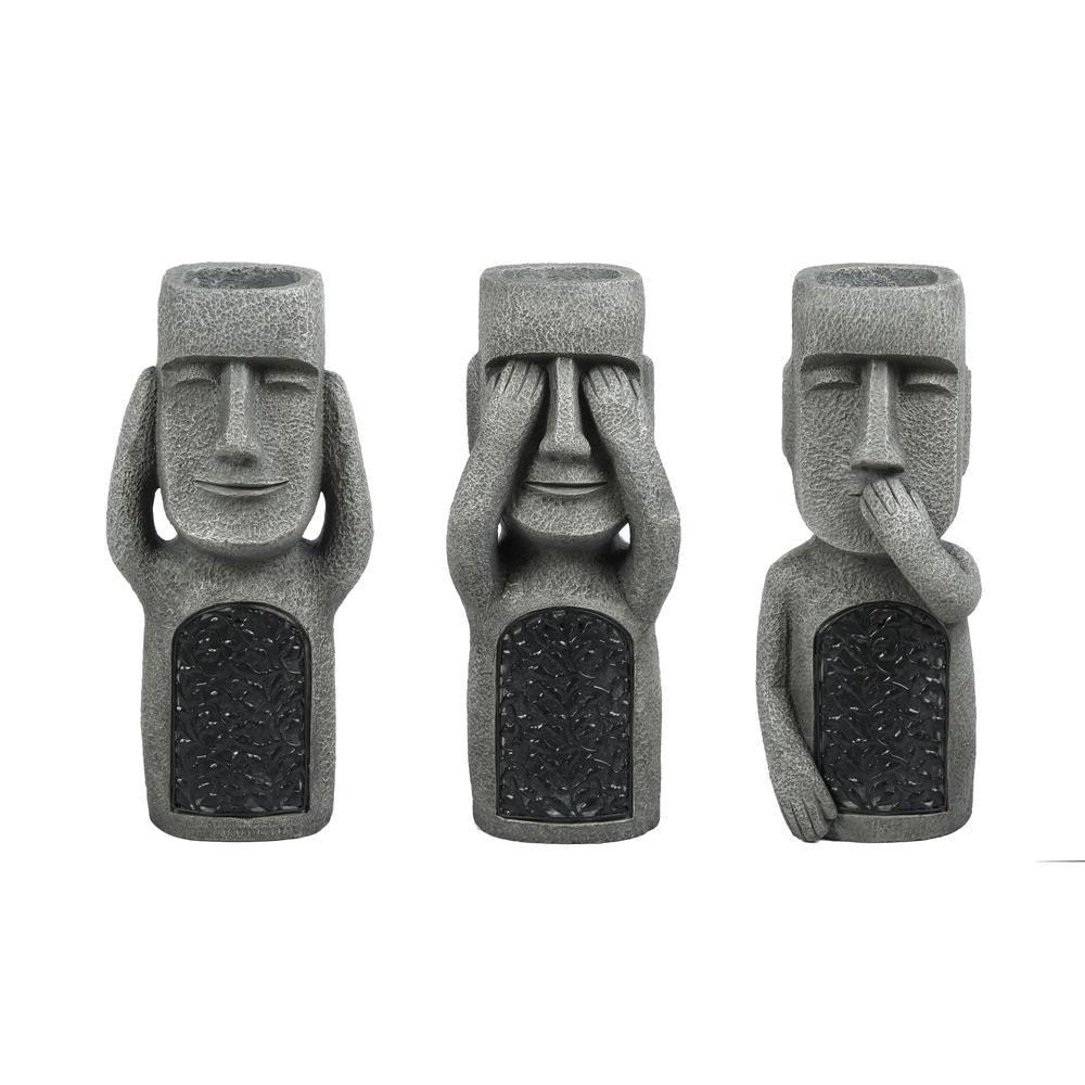 See, Hear, Speak No Evil Set of 3 Garden Easter Island Solar Statues. Picture 1