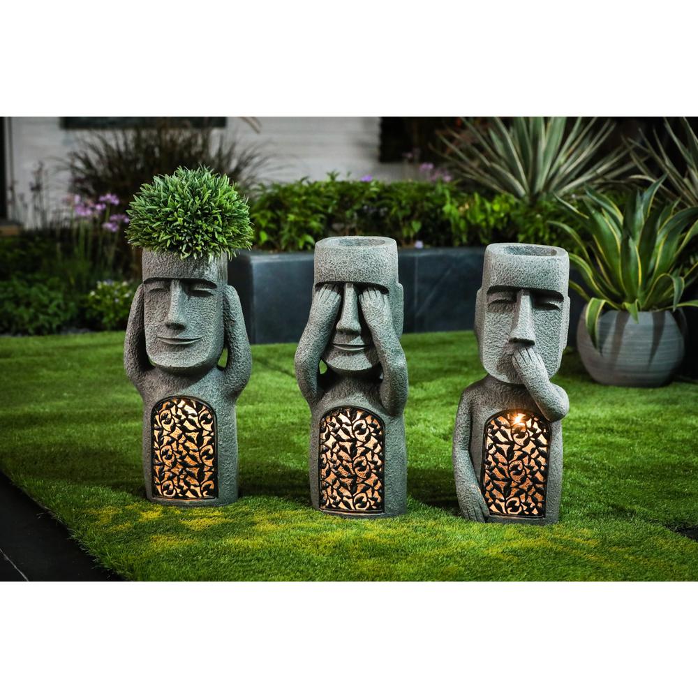 See, Hear, Speak No Evil Set of 3 Garden Easter Island Solar Statues. Picture 2