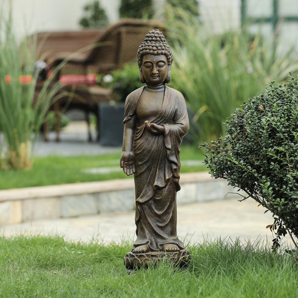 Gray MgO Enlightened Standing Buddha Garden Statue. Picture 2