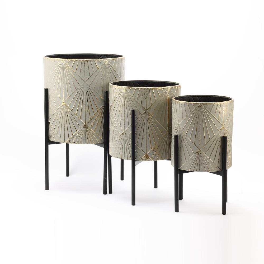 Three Piece White and Gold Metal Planters with Black Stand. Picture 4