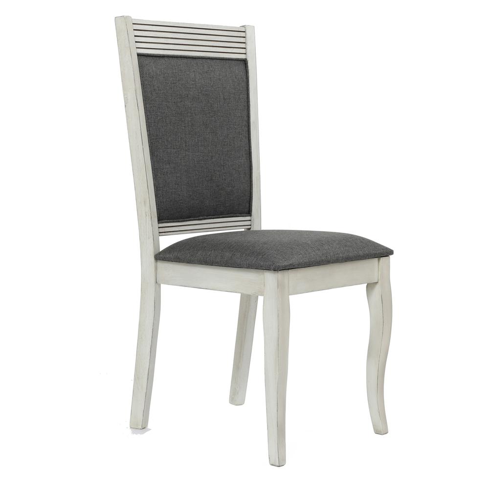 Distressed Off White Rubberwood and Gray Upholstered Dining Chair, Set of 2. Picture 10