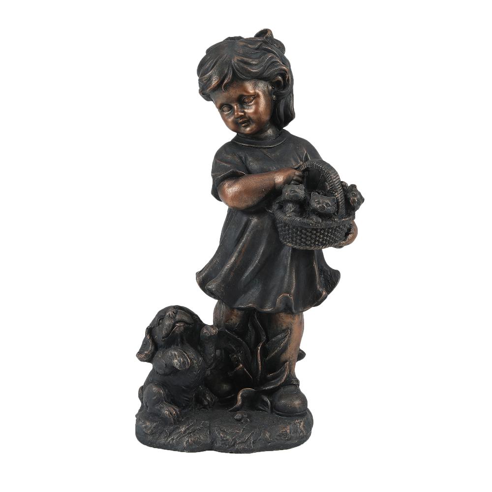 Bronze MgO Girl Holding Basket of Kittens with Puppy Garden Statue. Picture 1