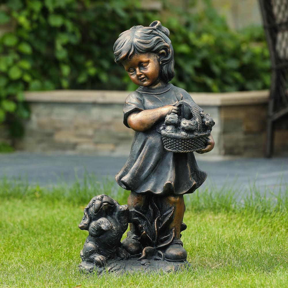 Bronze MgO Girl Holding Basket of Kittens with Puppy Garden Statue. Picture 3