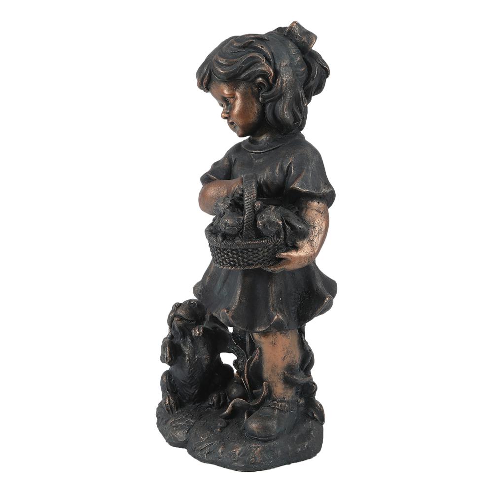Bronze MgO Girl Holding Basket of Kittens with Puppy Garden Statue. Picture 2