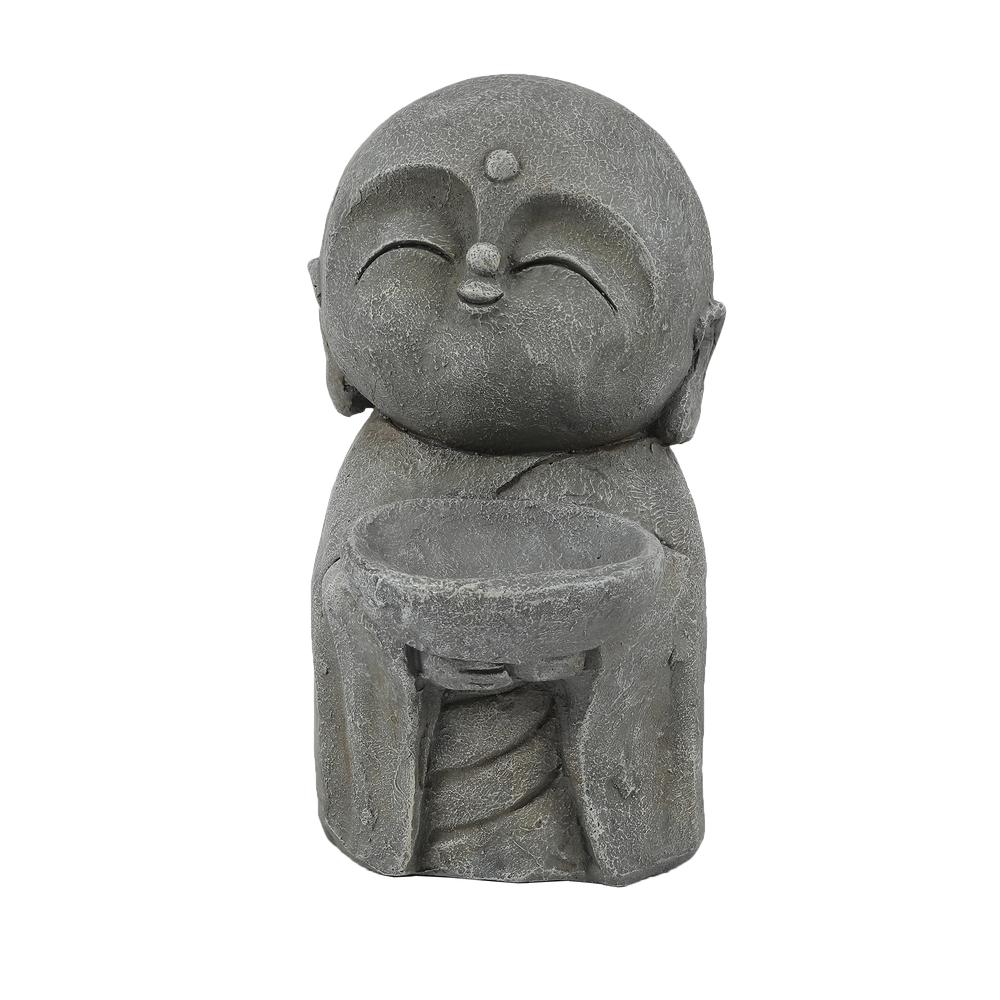 Gray MgO Little Buddha Monk and Bowl Garden Statue. Picture 1