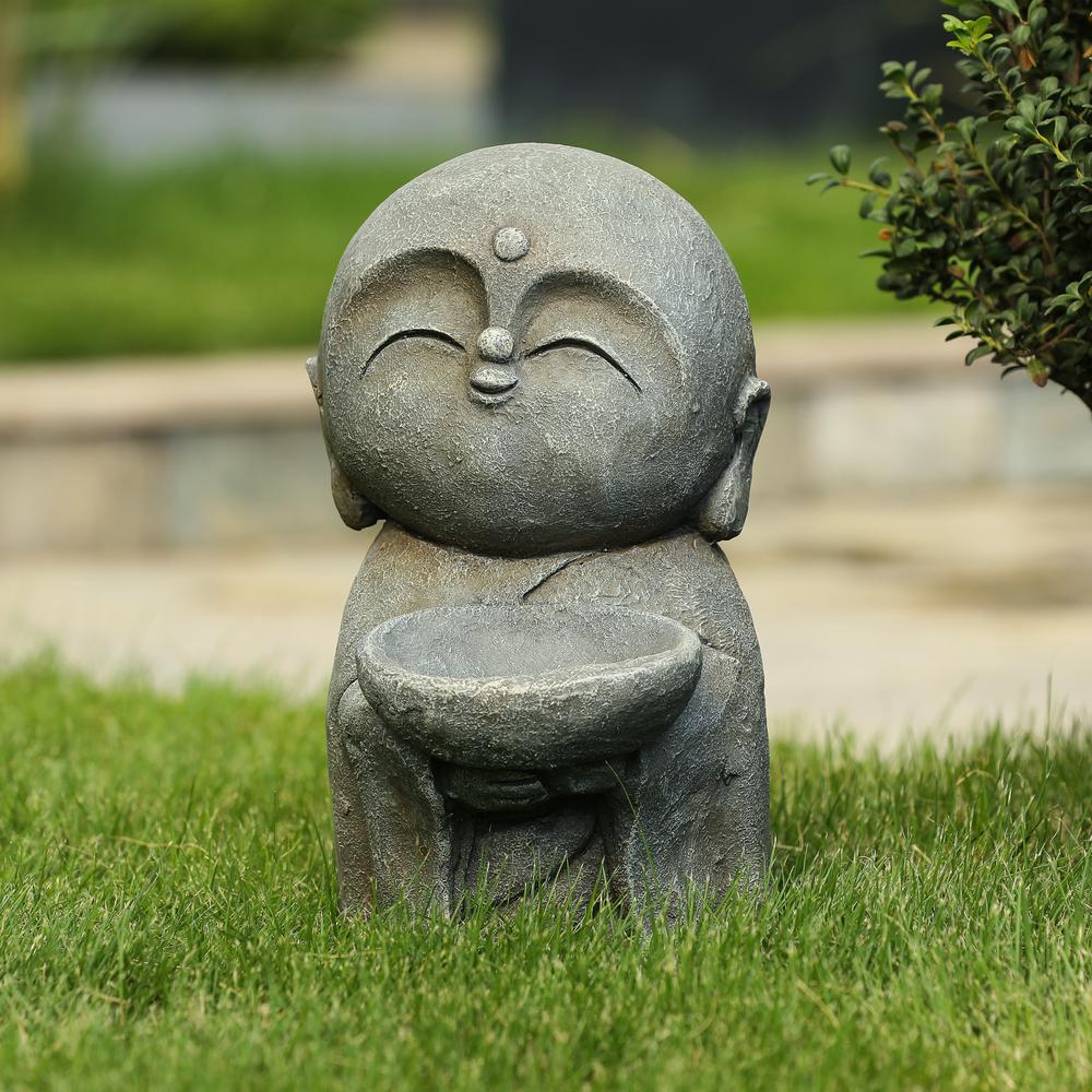 Gray MgO Little Buddha Monk and Bowl Garden Statue. Picture 3