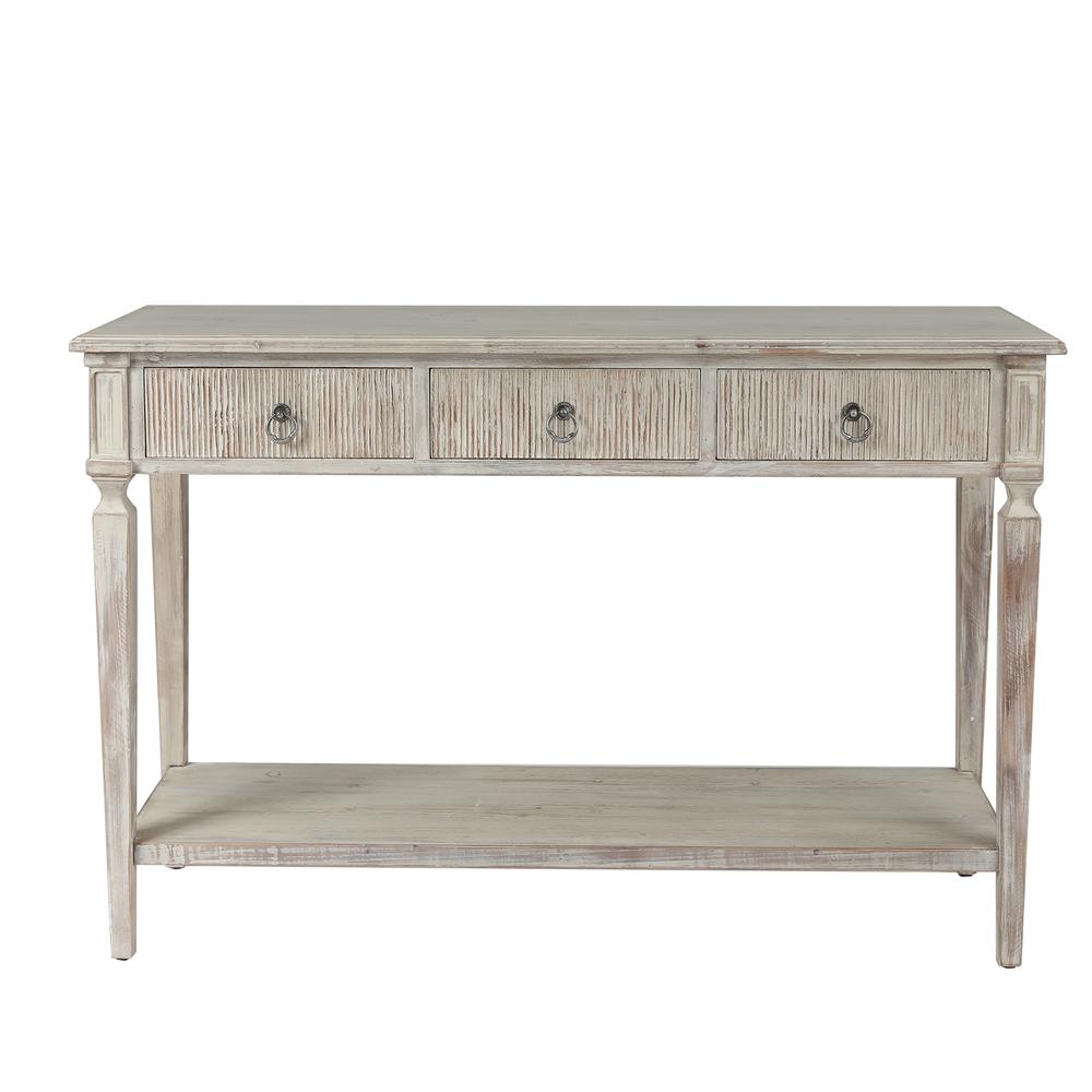 White Washed Wood Three Drawer Console Table. Picture 1
