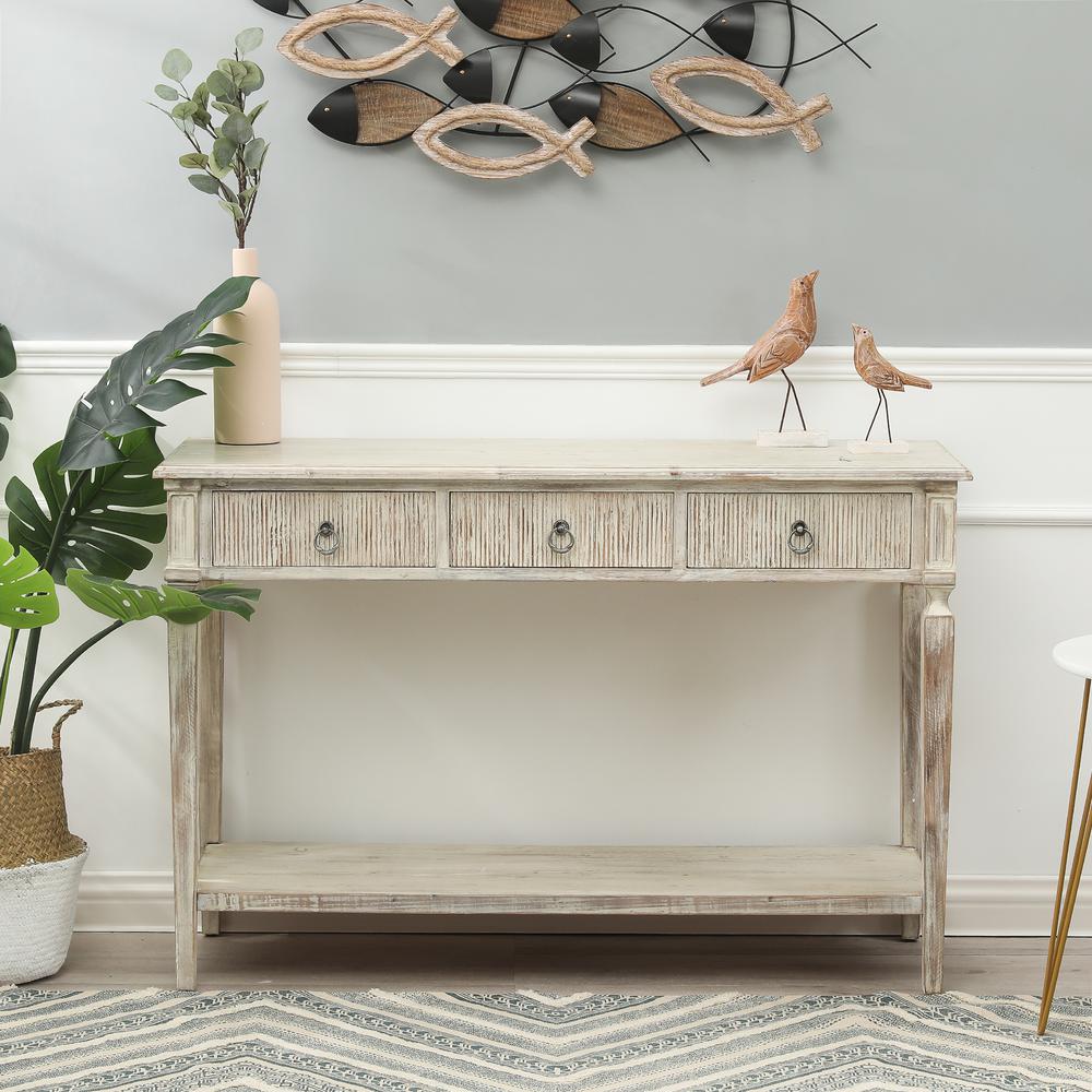White Washed Wood Three Drawer Console Table. Picture 3