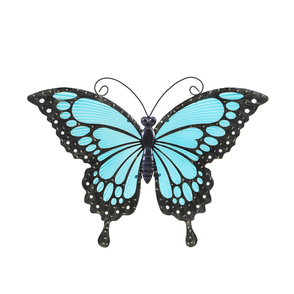 Blue Butterfly Glass and Metal Outdoor Wall Décor. Picture 2