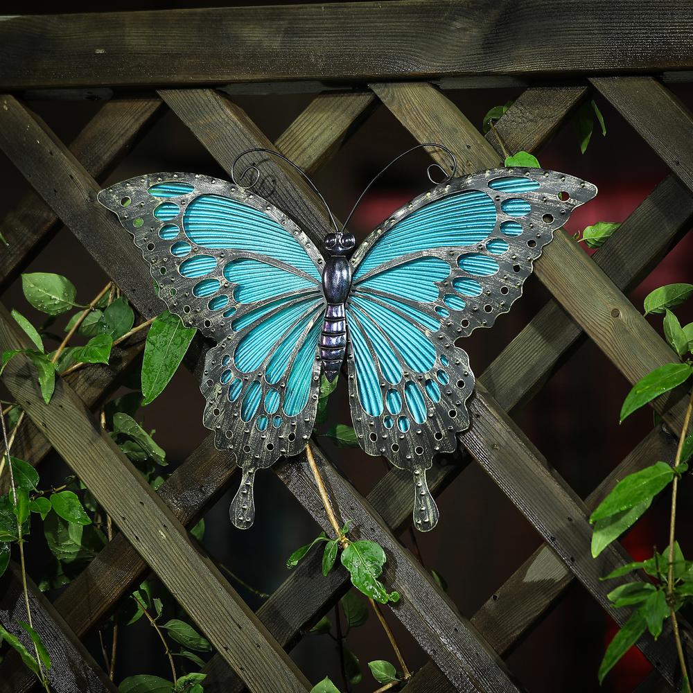 Blue Butterfly Glass and Metal Outdoor Wall Décor. Picture 1