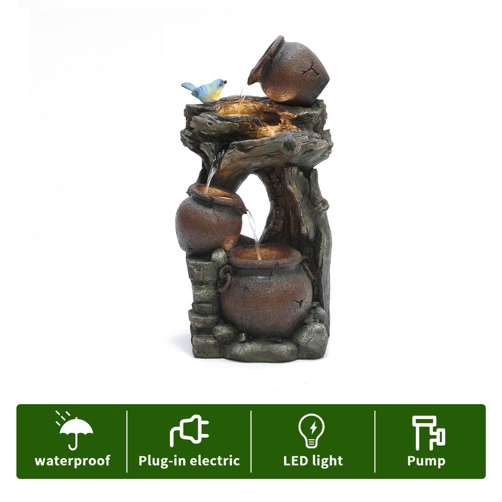 Rustic Pots and Pitchers on Tree Resin Outdoor Fountain with LED Lights. Picture 11