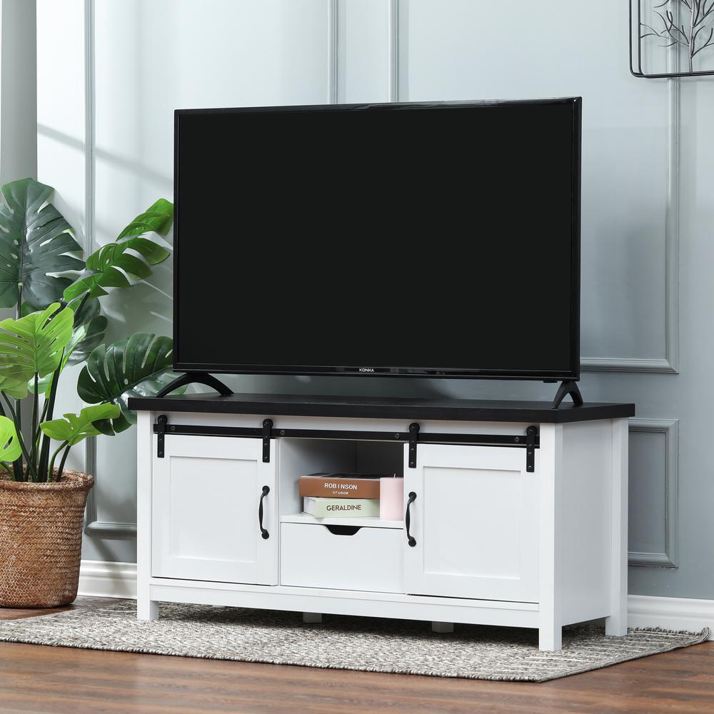 Modern Farmhouse White with Dark Brown 47.3" Wide TV Stand and Bench. Picture 3