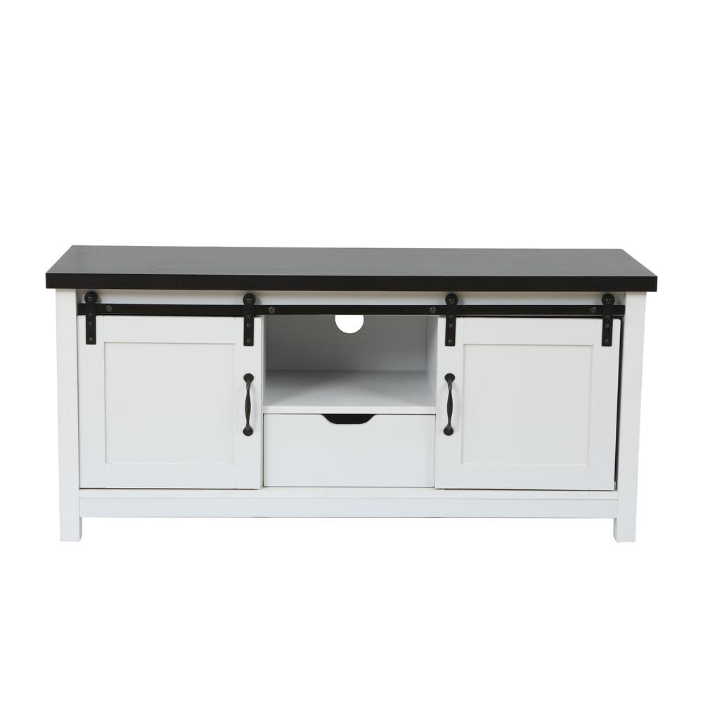 Modern Farmhouse White with Dark Brown 47.3" Wide TV Stand and Bench. Picture 1