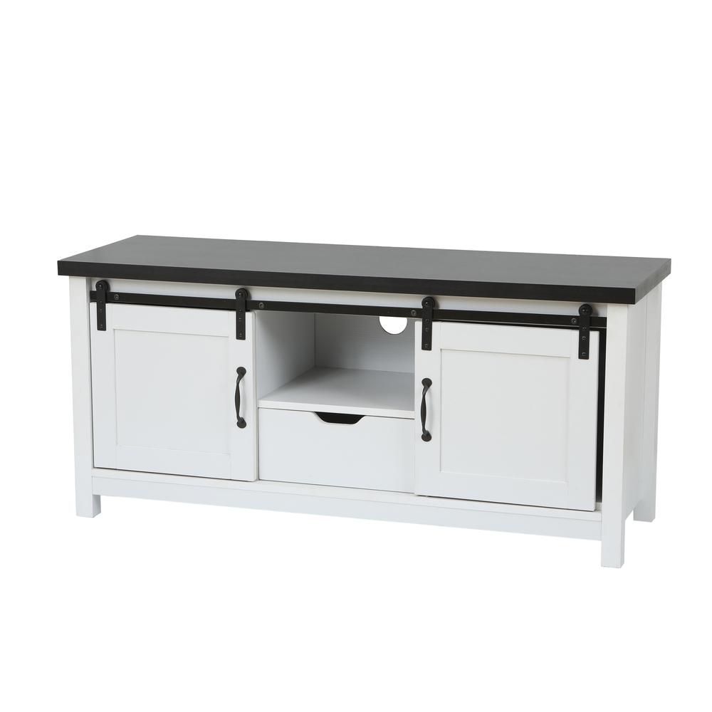 Modern Farmhouse White with Dark Brown 47.3" Wide TV Stand and Bench. Picture 4