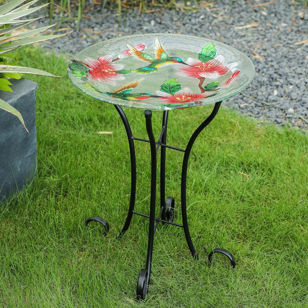 Hummingbird Bird Glass Bath with Metal Stand. Picture 1
