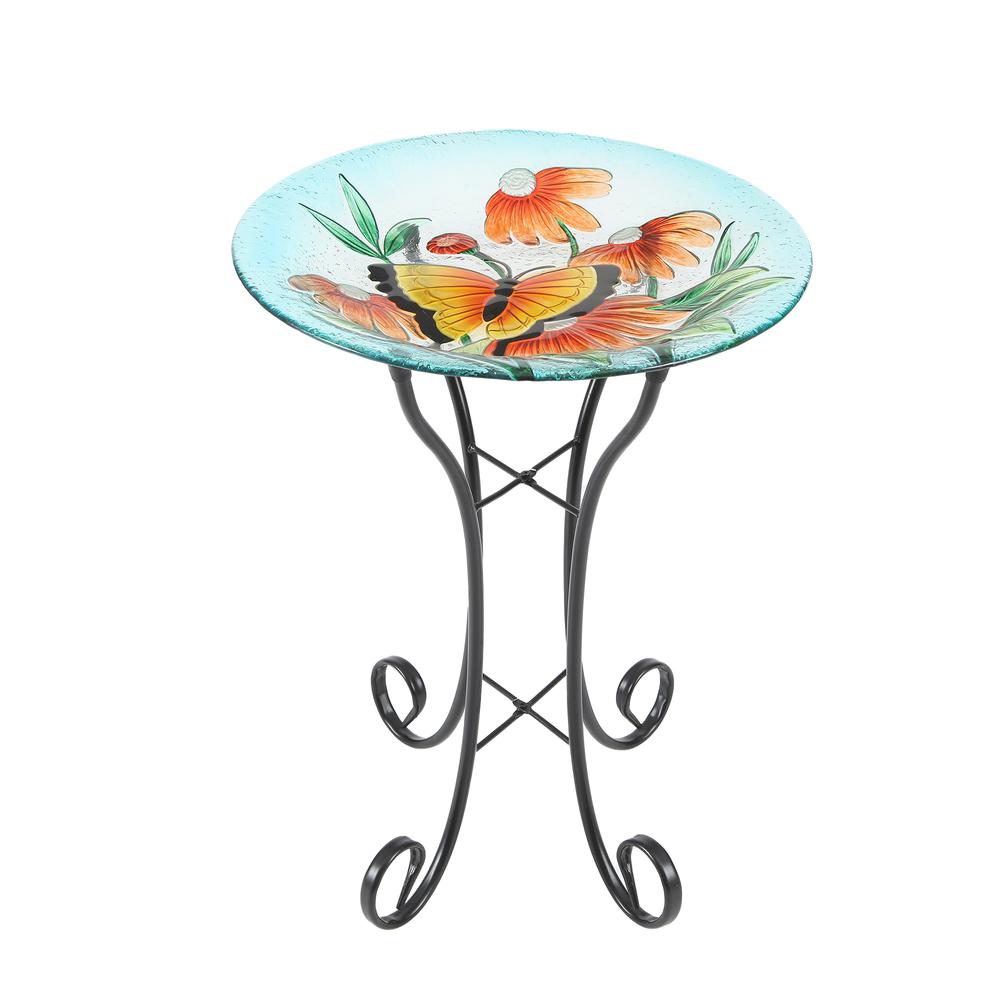 Butterfly and Flowers Glass Bird Bath with Metal Stand. Picture 2