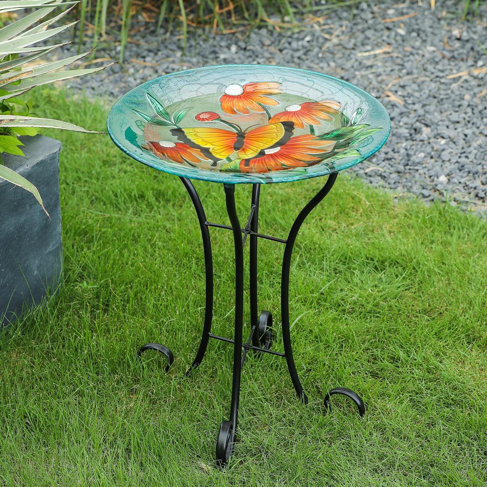 Butterfly and Flowers Glass Bird Bath with Metal Stand. Picture 1