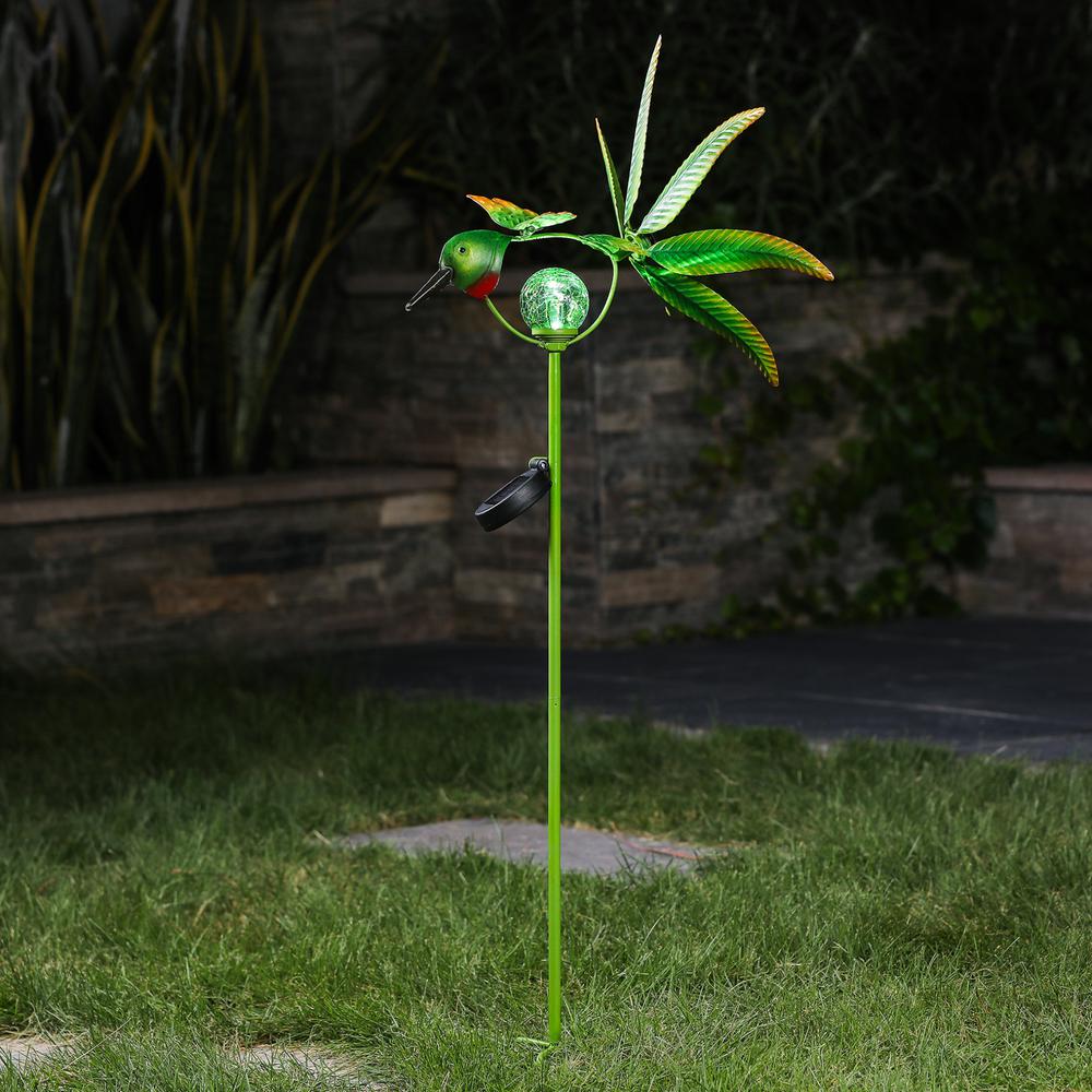 Metal Hummingbird Solar LED and Wind Spinner Garden Stake. Picture 1