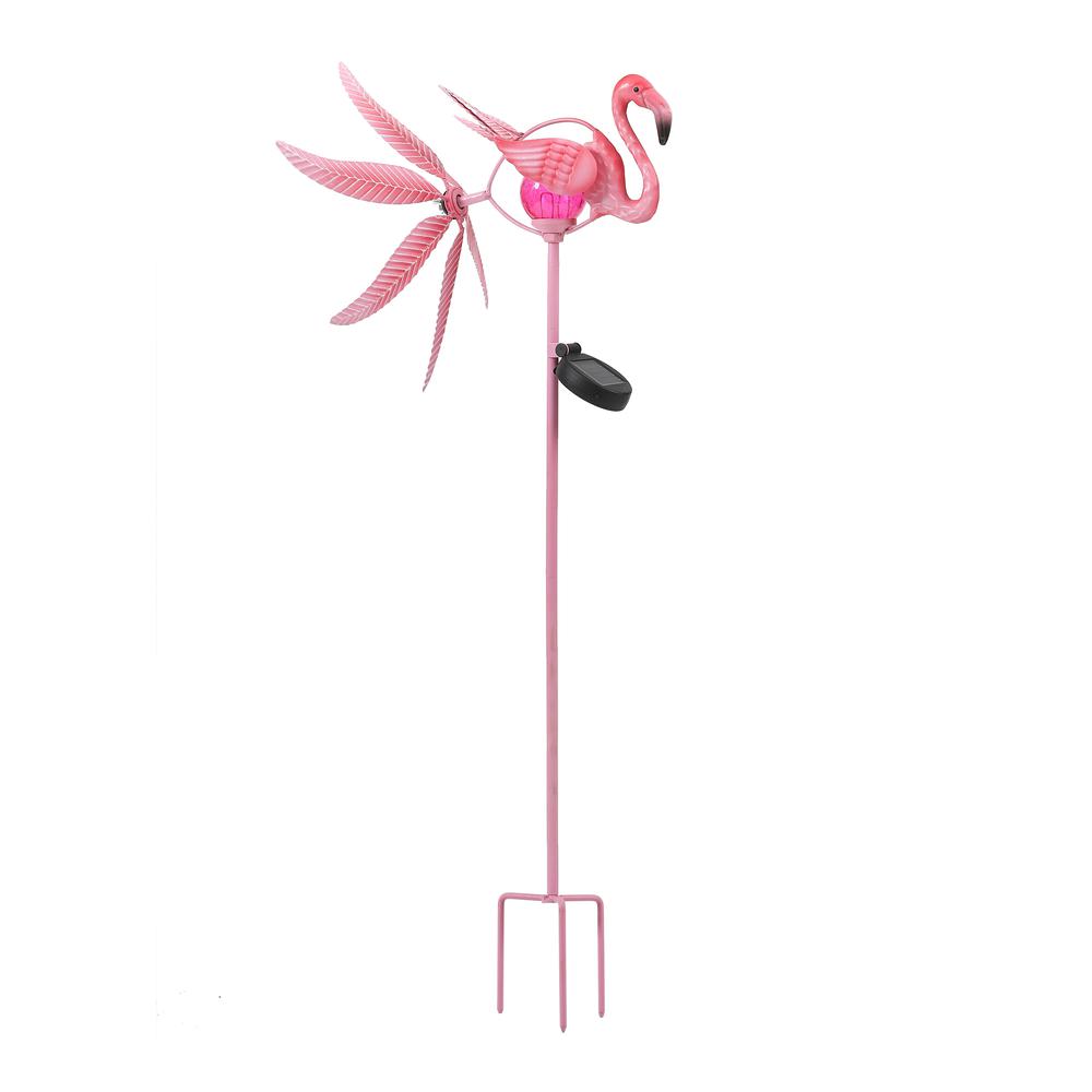 Metal Flamingo Solar LED and Wind Spinner Garden Stake. Picture 2