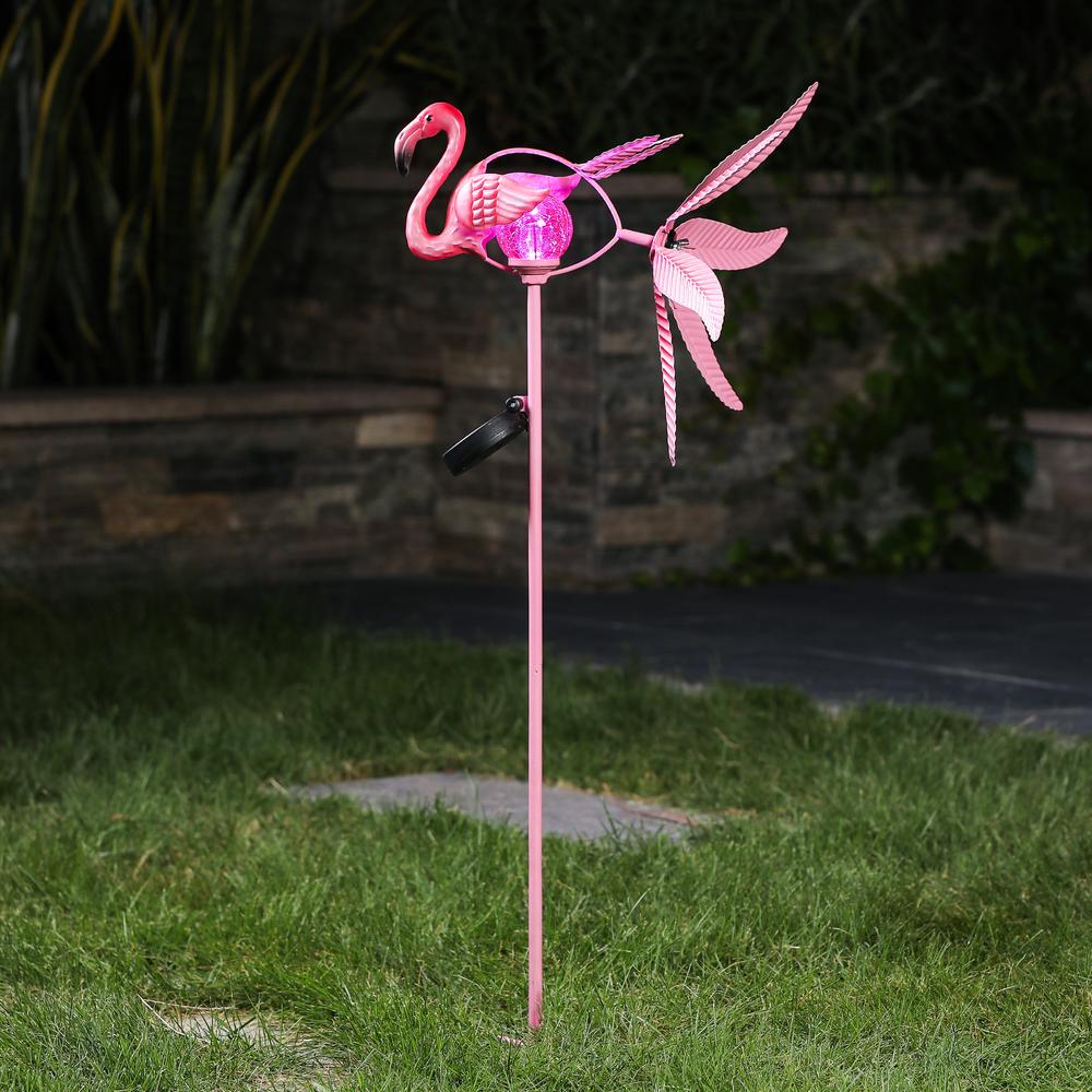 Metal Flamingo Solar LED and Wind Spinner Garden Stake. Picture 1