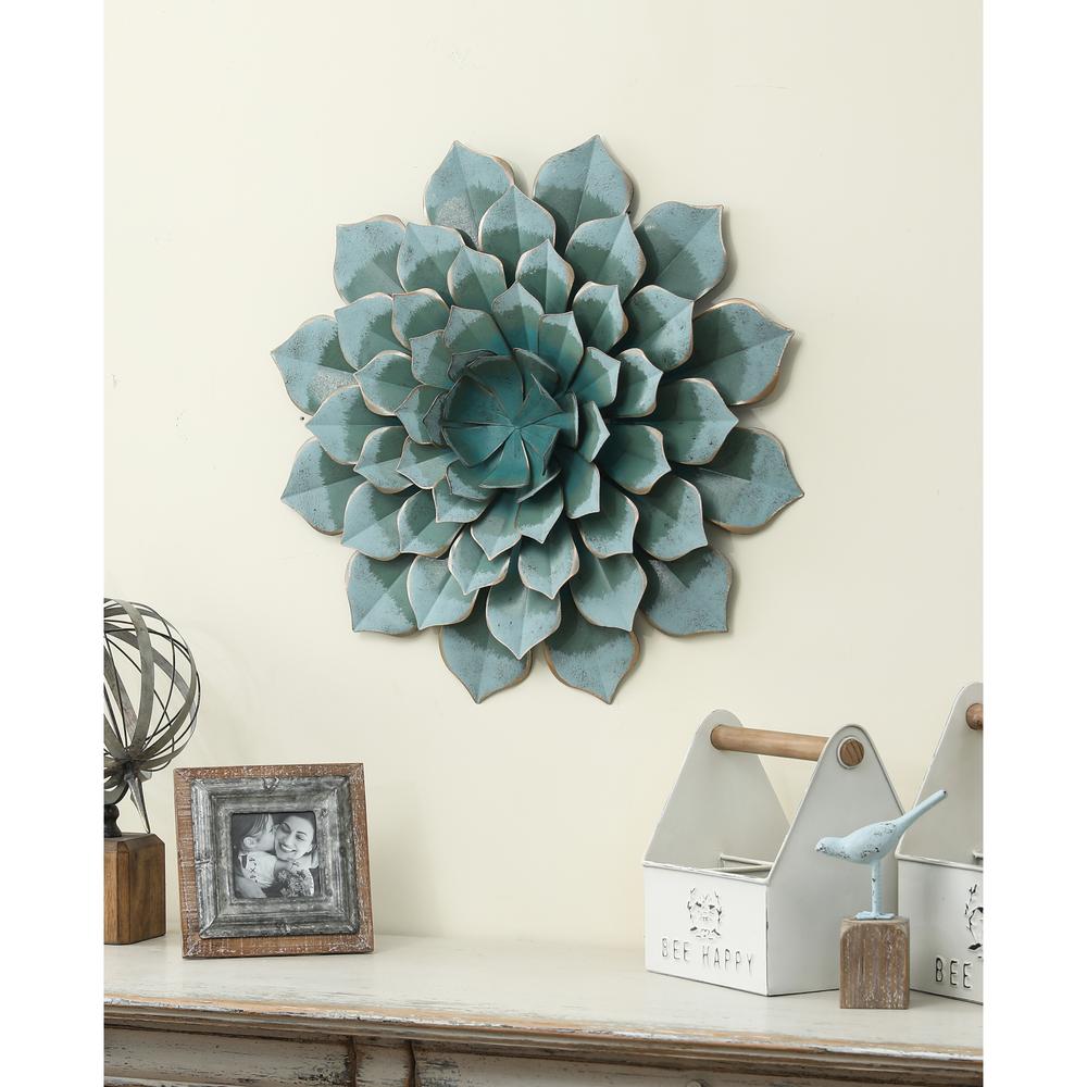 24in. Dia. Light Green Metal Flower Wall Decor. Picture 3