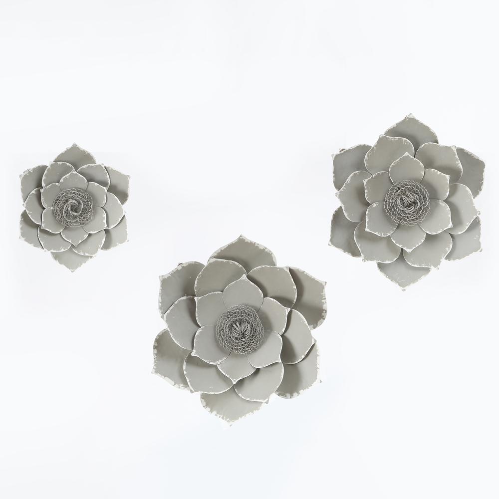 Three Piece Gray Metal Flower Wall Decor. Picture 3